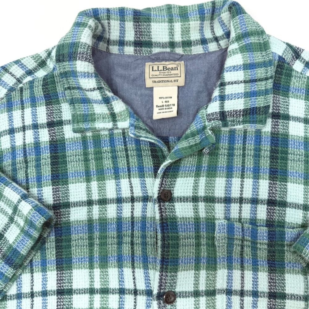 LL Bean Mens Large‎ Green Blue Plaid Waffle Texture Short Sleeve Button Shirt